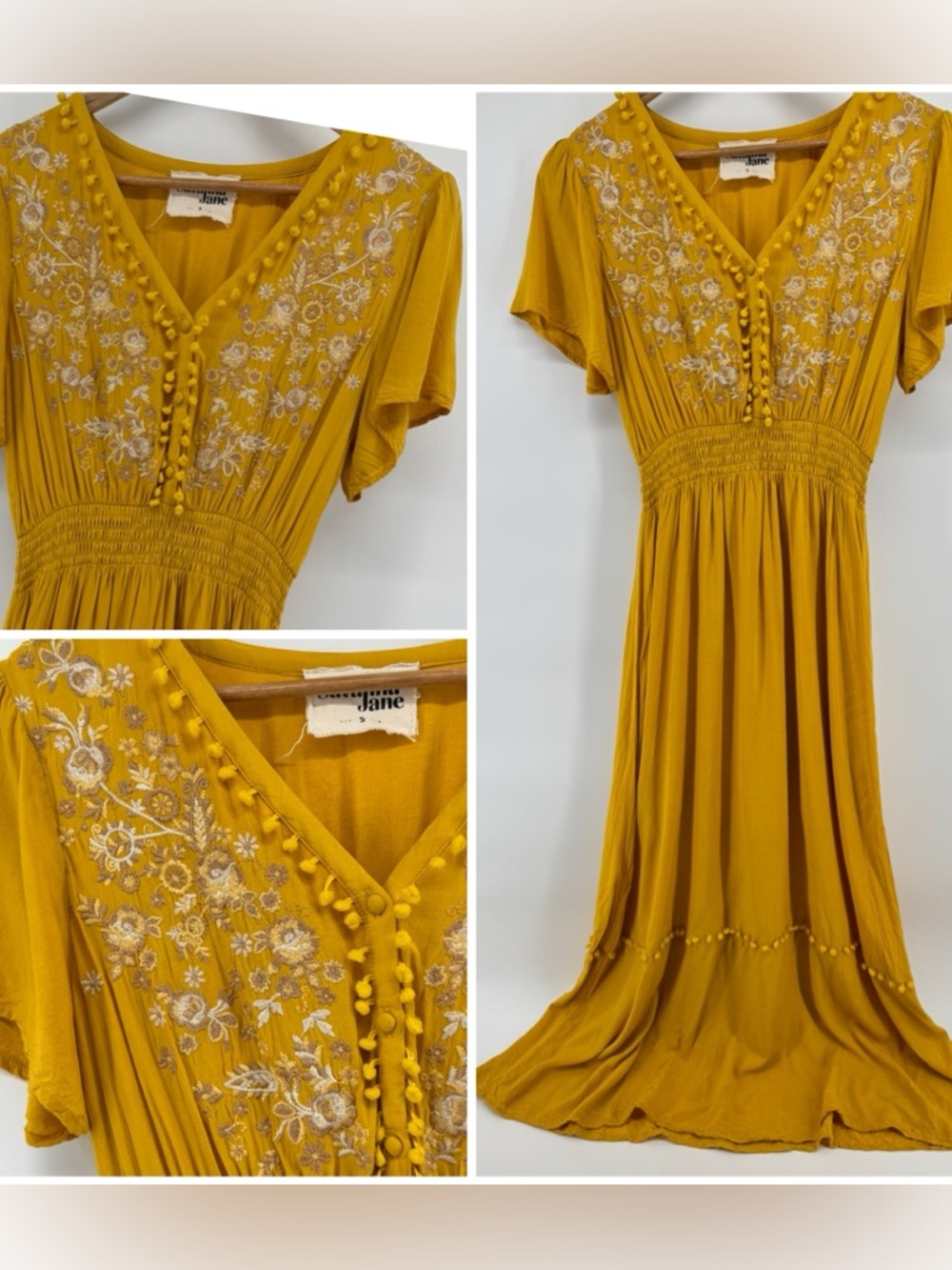 Savanna Jane Mustard Yellow Embroidered V-Neck Maxi Dress Boho Women's Sz Small - Picture 5 of 6
